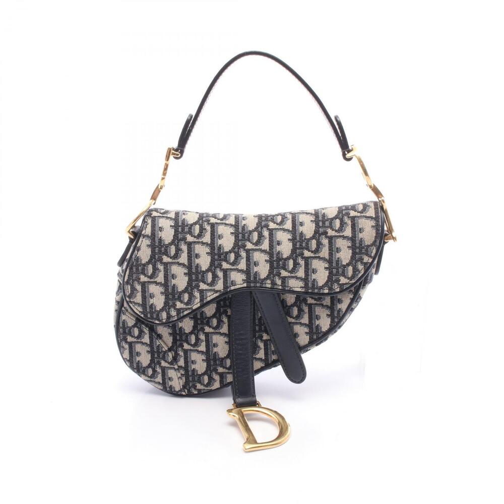 Christian Dior SADDLE Oblique Handbag Canvas Leather Navy Blue Beige Cream
